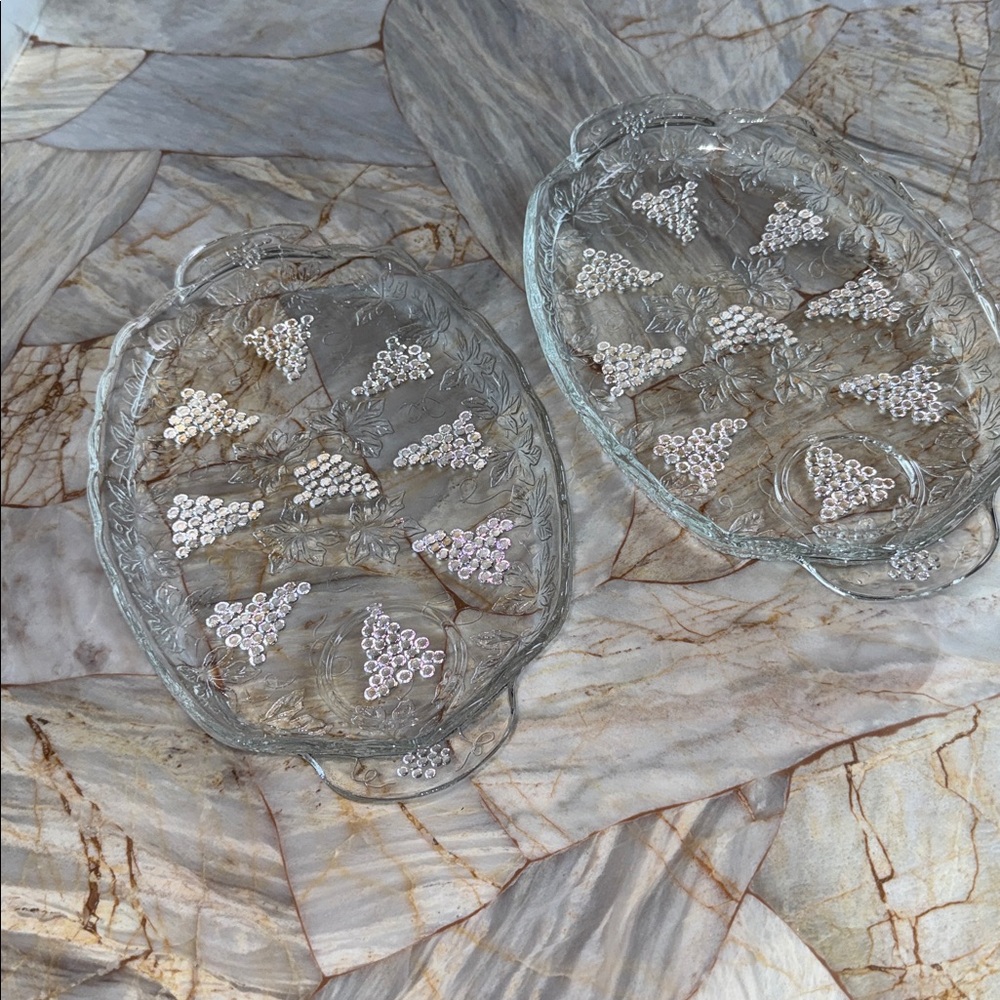 Anchor Hocking Vtg Snack Plate Trays Grapes Clear Glass Replacement Set of 2